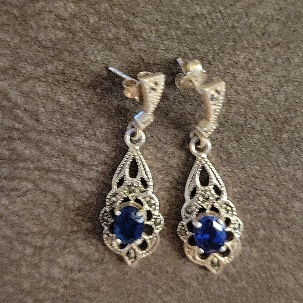VTG Victorian Sterling Silver Blue Crystal Marcasite Formal Bridal Earrings